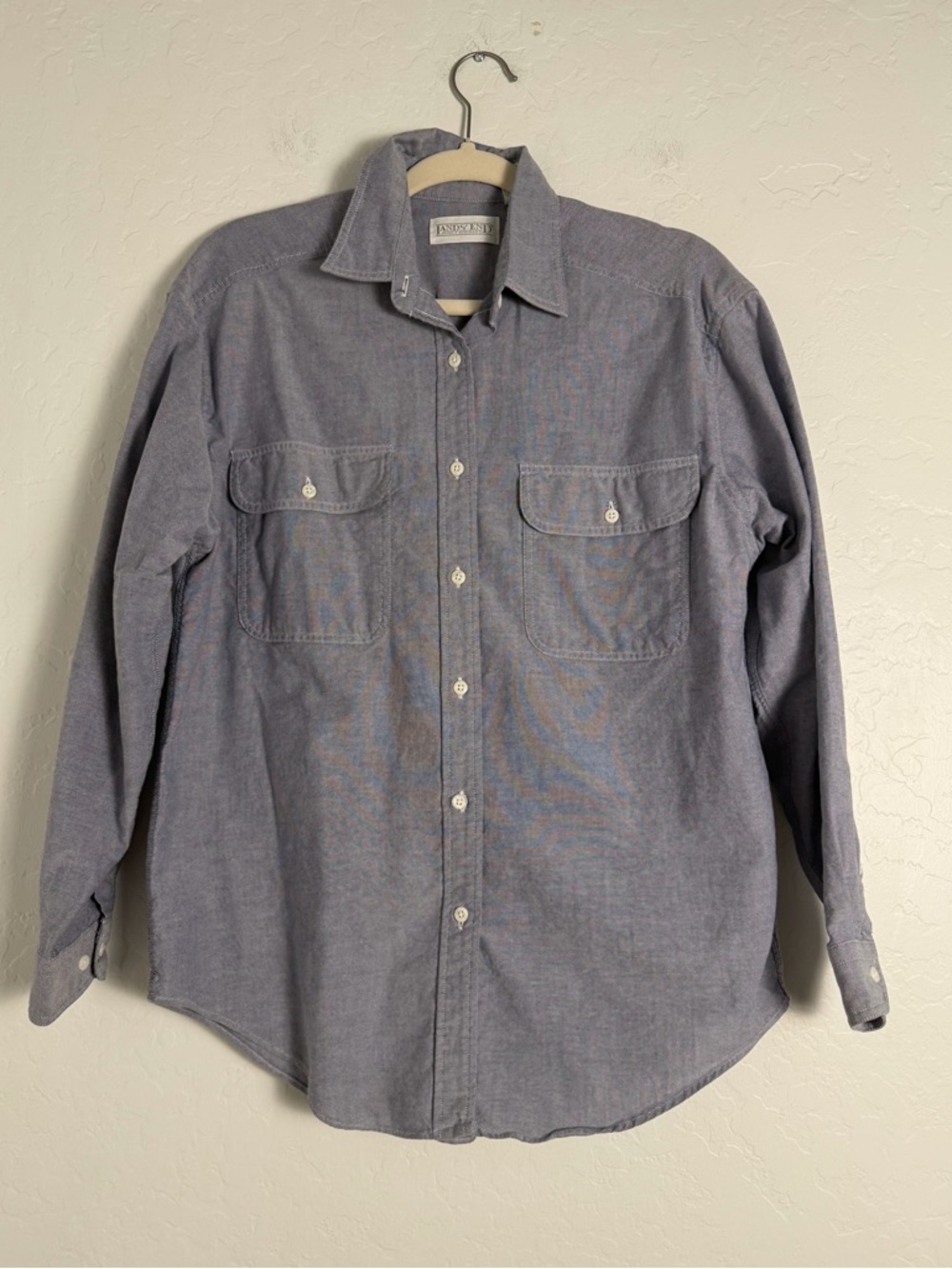 Lands' End Womens Classic Button-Down Shirt Light Casual Blue Everyday Wear